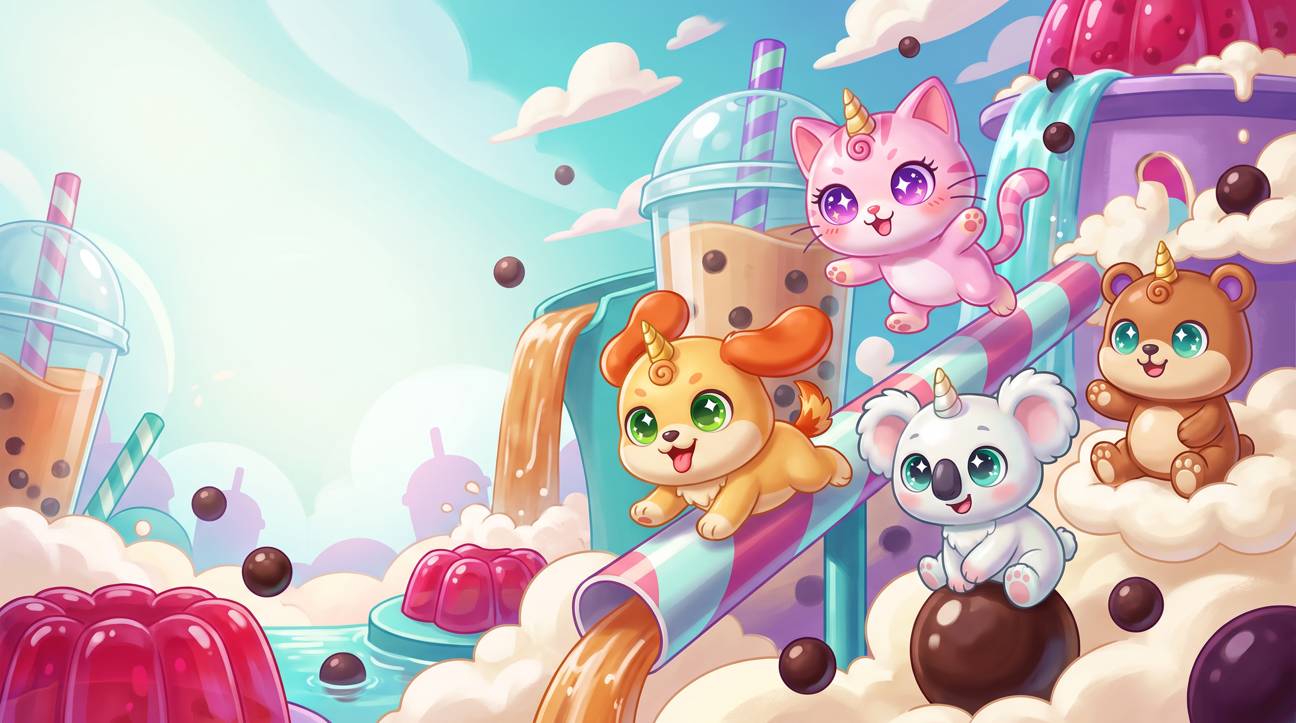 Milk Tea Mia, Bubble Pup, Koala Cream and Boba Bear in the Lil Boba Club fantasy world