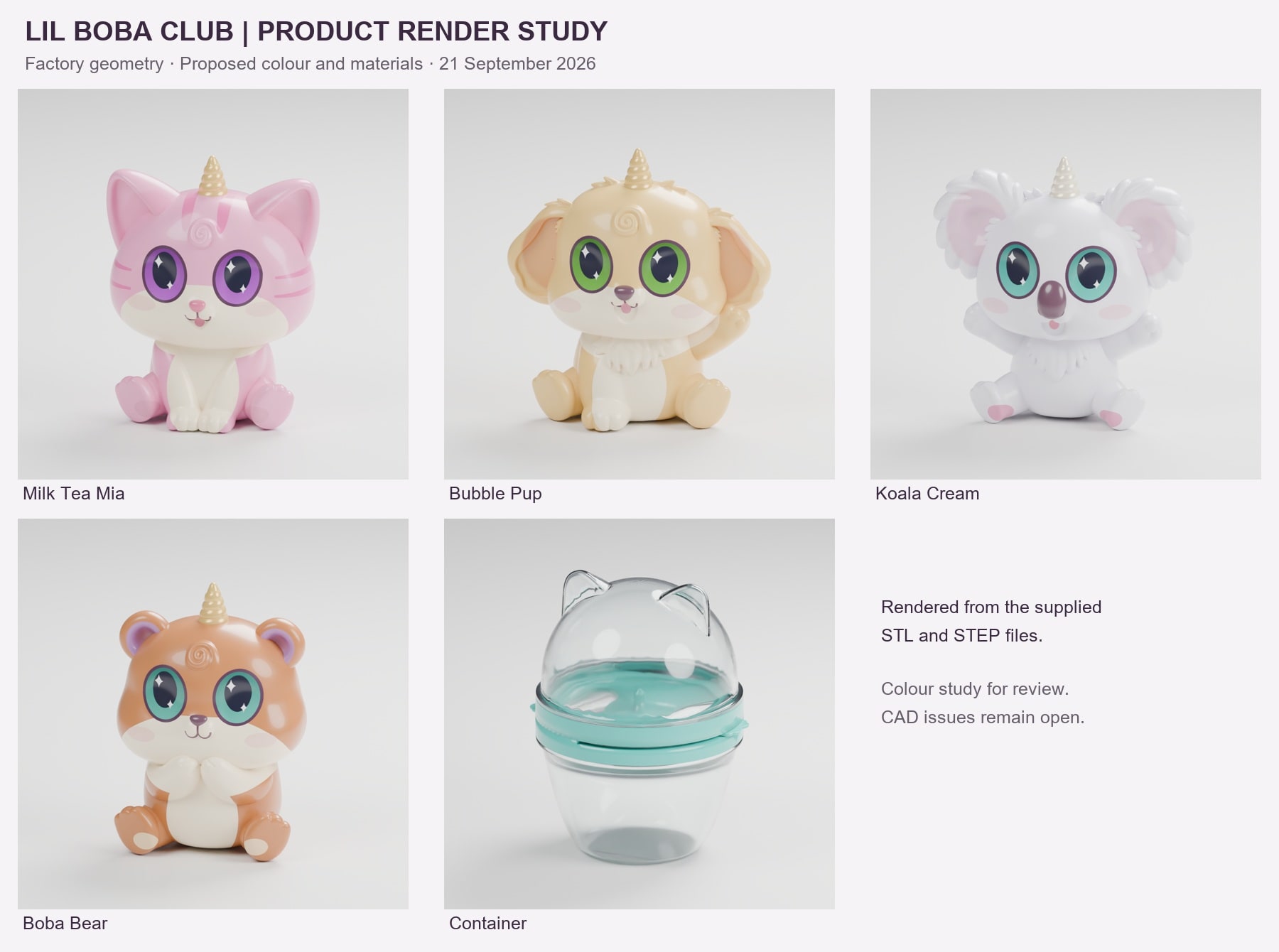 Factory-based Lil Boba Club colour studies